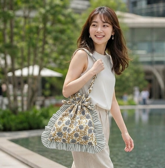 Frill Tote Carino Block Print (Grey)