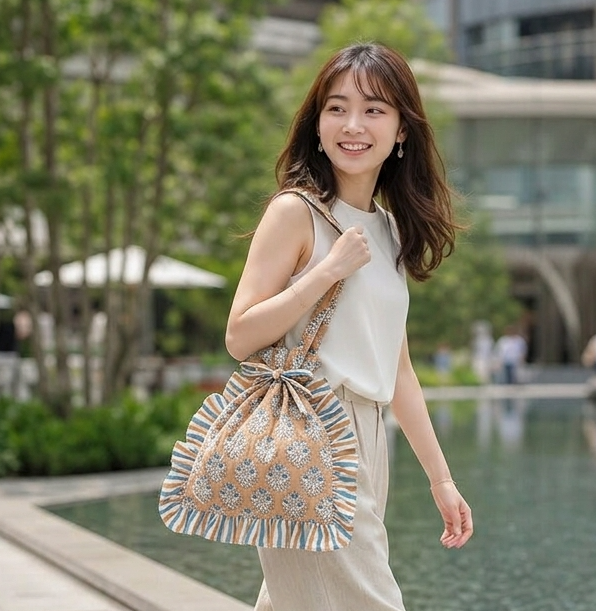 Frill Tote Carino Block Print (Cinnamon)
